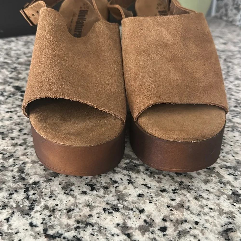 BIO NATURAL Leather Brown Wedge with Buckle Sling Stacked Heels Mules Size 6.5